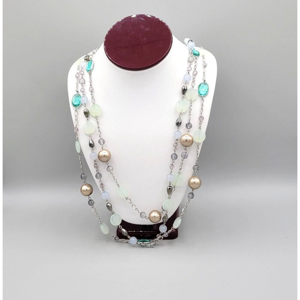 Talbots Womens Silver Tone Mixed Beaded Chain Long Necklace Triple Strand